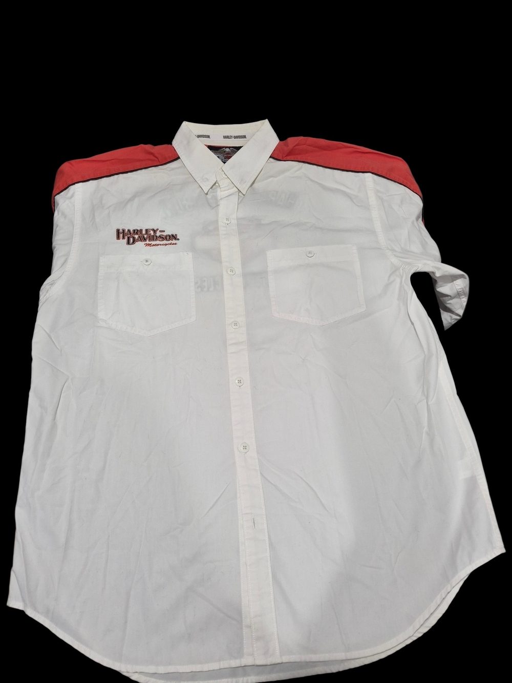 Harley-Davidson Men's White Button-Down Shirt with Red Shoulder Panels